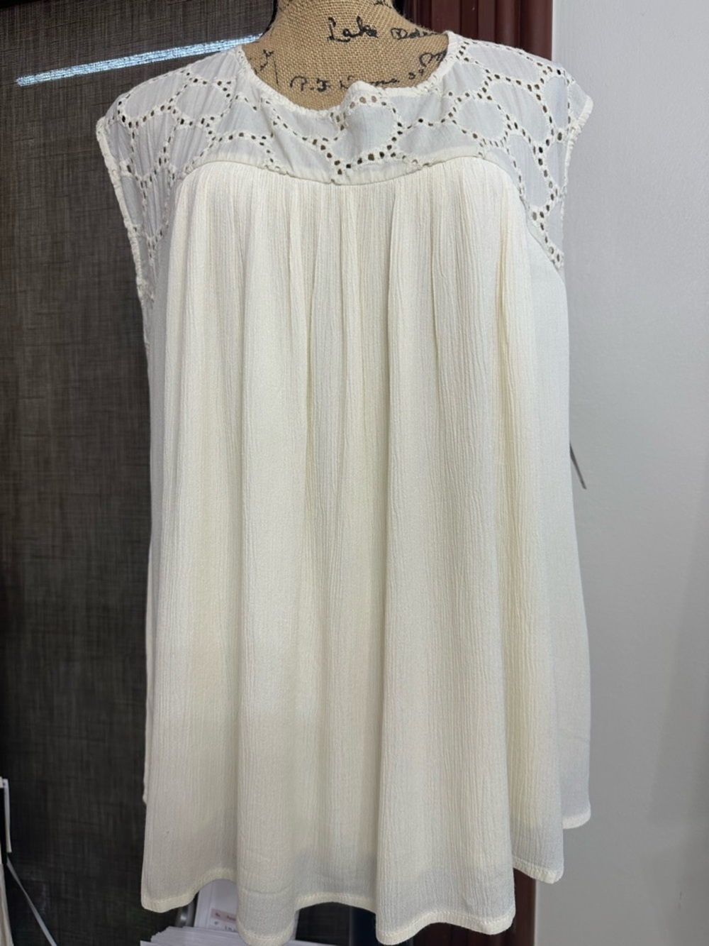 Liverpool Cream Eyelet Yoke Sleeveless Tunic Top